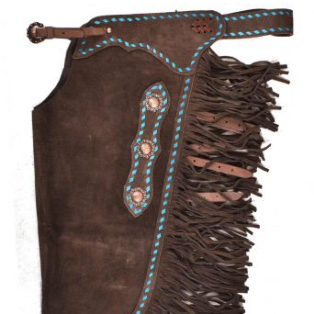 Dark Brown Roughout Leather Chinks Turquoise Buckstitch Show